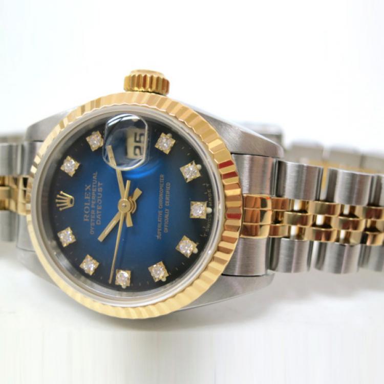 Pre Owned Rolex Date Just 10P Wristwatch SS YG Blue Gradation Ladies