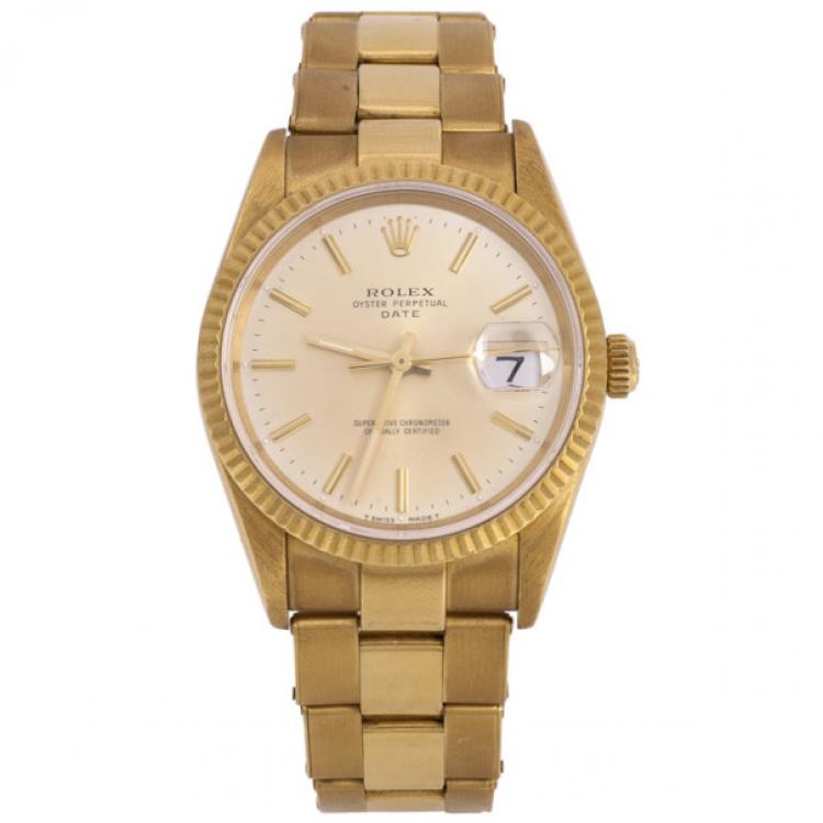 Pre Owned Rolex Oyster Perpetual Date 18 K Yellow Gold Womens Wristwatch 34 MM