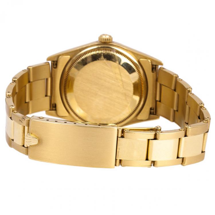 Pre Owned Rolex Oyster Perpetual Date 18 K Yellow Gold Womens Wristwatch 34 MM