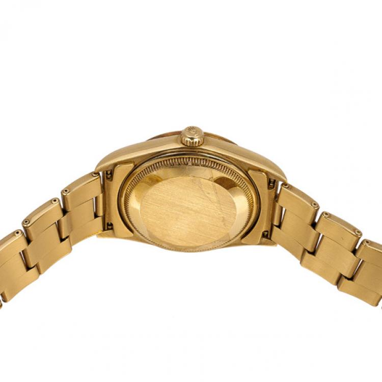 Pre Owned Rolex Oyster Perpetual Date 18 K Yellow Gold Womens Wristwatch 34 MM