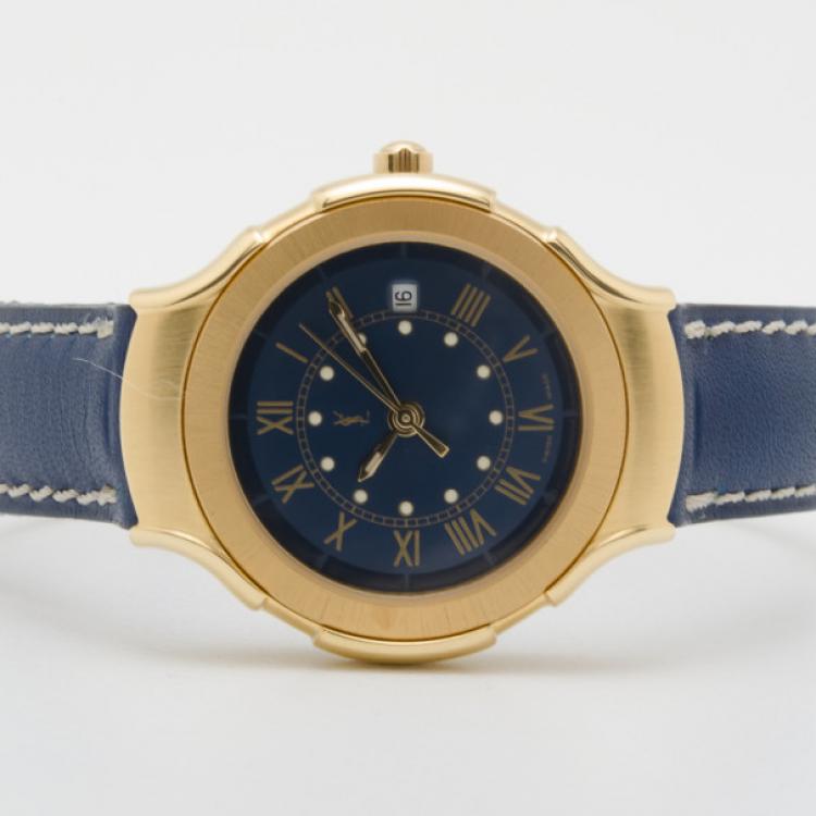 Pre Owned Yves Saint Laurent Date Gold Plated Classic Collection Unisex Wristwatch