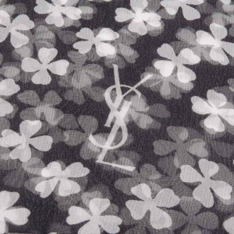 Pre Owned YSL Black and White Clover Printed Scarf