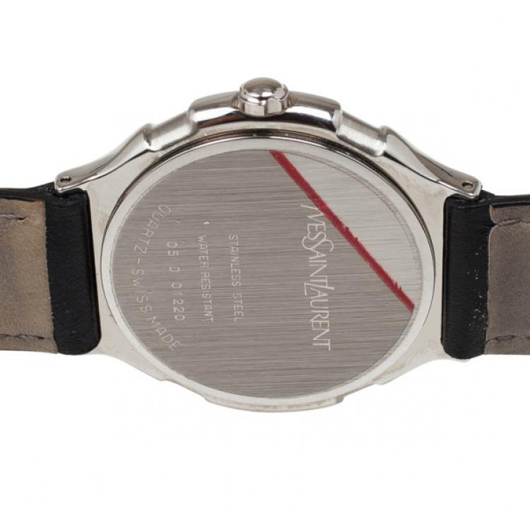 Pre Owned Yves Saint Laurent SS Leather Silver Trim Womens Wristwatch 36 MM
