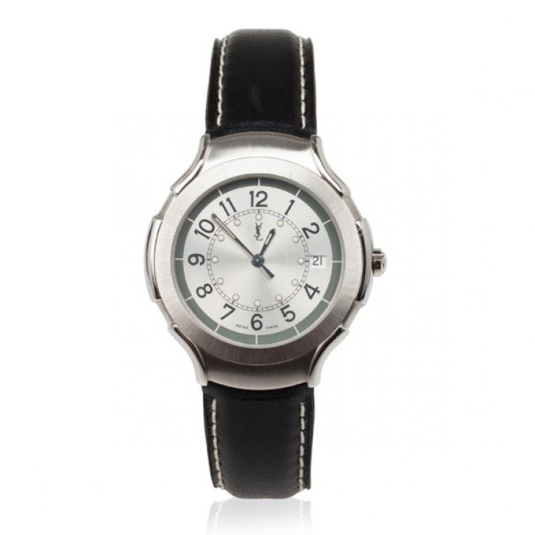 Pre Owned Yves Saint Laurent SS Leather Silver Trim Womens Wristwatch 36 MM