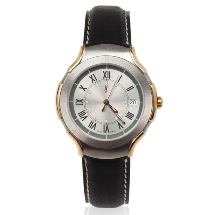 Pre Owned Yves Saint Laurent SS Leather Gold Trim Womens Wristwatch 36 MM