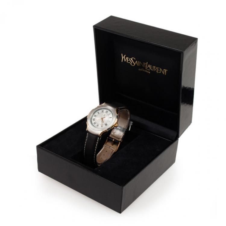 Pre Owned Yves Saint Laurent SS Leather Gold Trim Womens Wristwatch 36 MM
