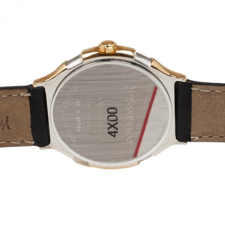 Pre Owned Yves Saint Laurent SS Leather Gold Trim Womens Wristwatch 36 MM