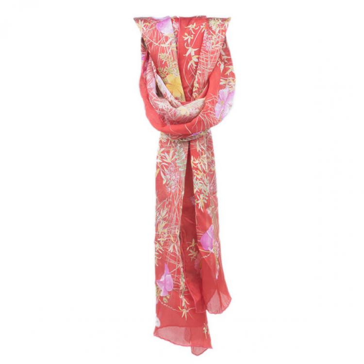 Pre Owned Salvatore Ferragamo Red Floral Silk Stole