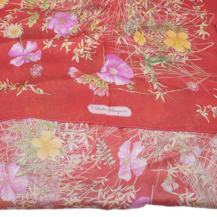 Pre Owned Salvatore Ferragamo Red Floral Silk Stole