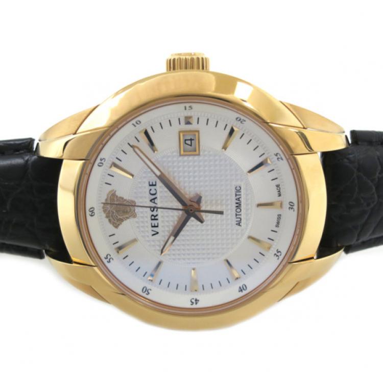 Pre Owned Versace Charcter GP Leather Black Mens Wristwatch