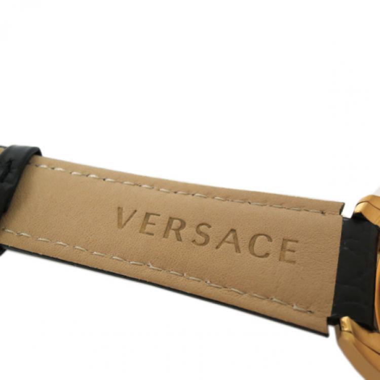 Pre Owned Versace Charcter GP Leather Black Mens Wristwatch