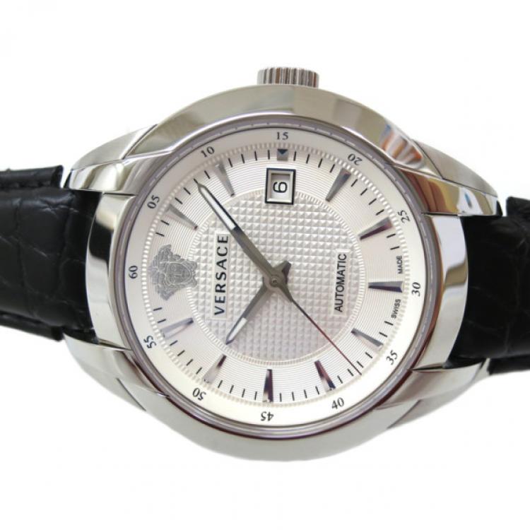 Pre Owned Versace Charcter SS Leather White Mens Wristwatch