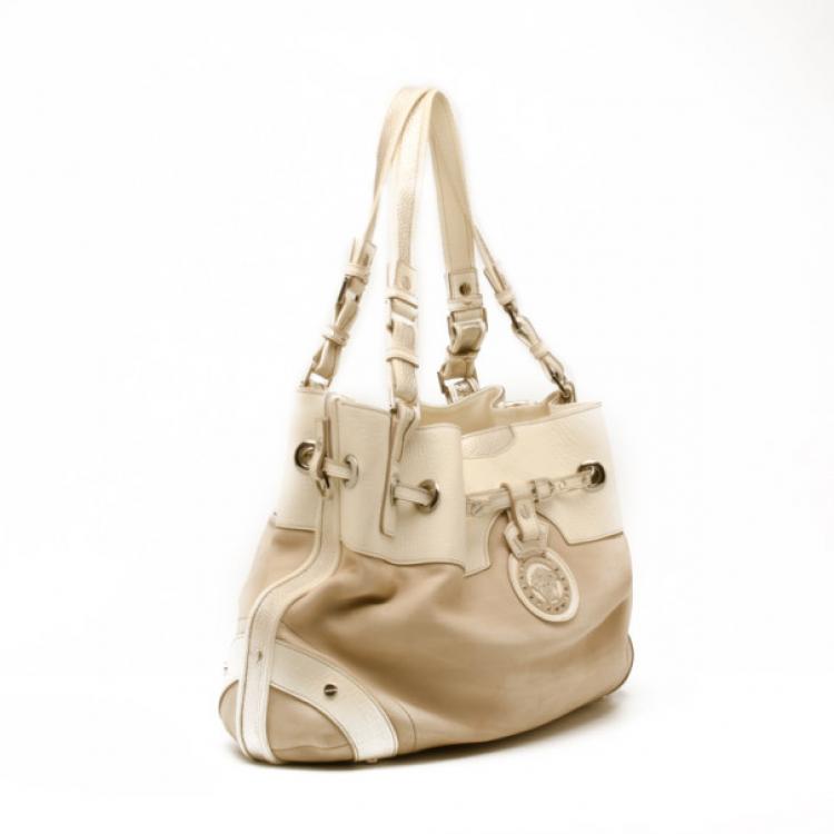Pre Owned Versace White and Beige Leather Tote