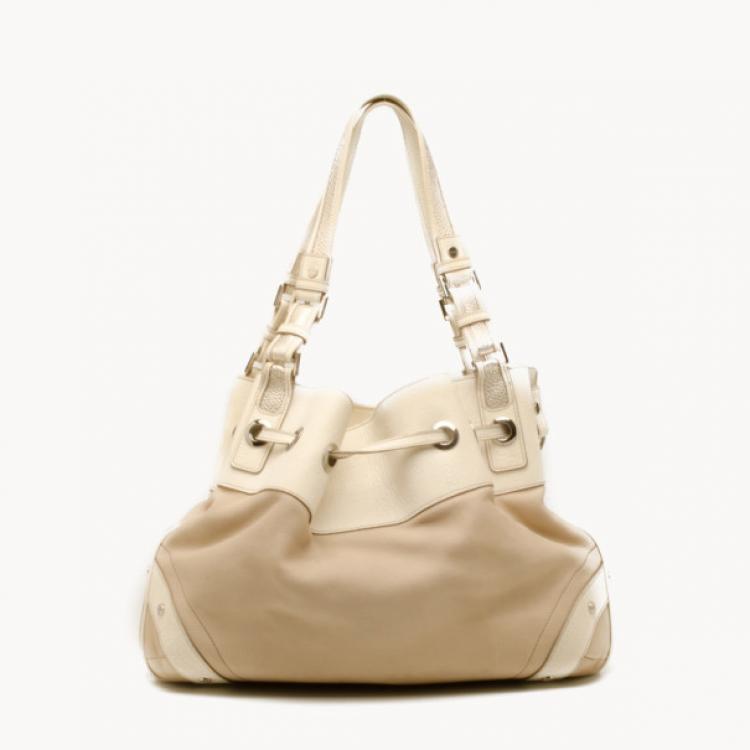 Pre Owned Versace White and Beige Leather Tote