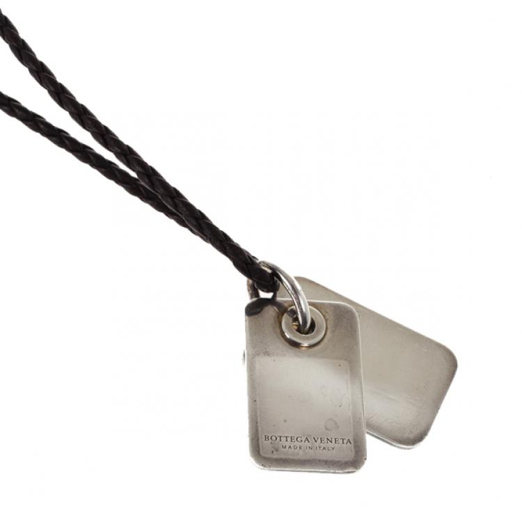 Pre Owned Bottega Veneta Unisex Brown Leather Woven Silver Pendant Necklace
