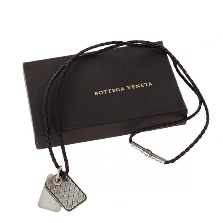 Pre Owned Bottega Veneta Unisex Brown Leather Woven Silver Pendant Necklace