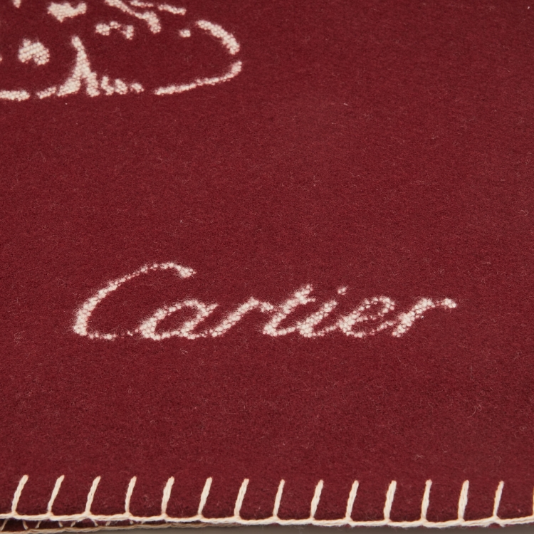 Pre Owned Cartier Burgundy Panthere Wool & Cashmere Throw Blanket
