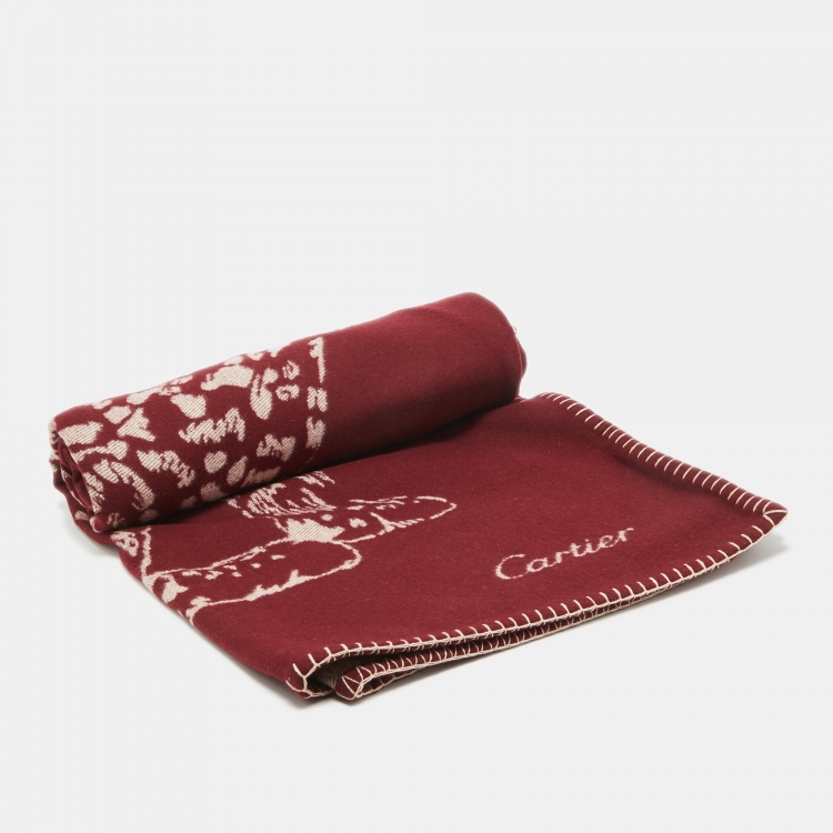 Pre Owned Cartier Burgundy Panthere Wool & Cashmere Throw Blanket