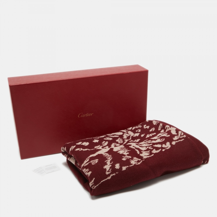 Pre Owned Cartier Burgundy Panthere Wool & Cashmere Throw Blanket