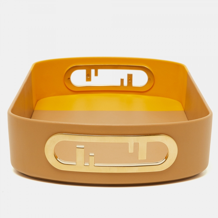 Pre Owned Fendi Beige/Yellow Leather O’Lock Oval Tray