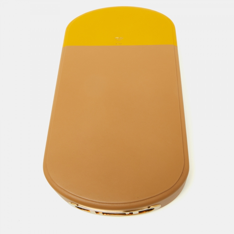 Pre Owned Fendi Beige/Yellow Leather O’Lock Oval Tray