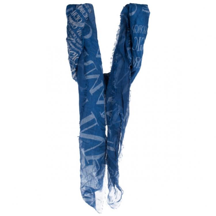 Pre Owned Giorgio Armani Blue Unisex Modal Blend Logo Square Scarf