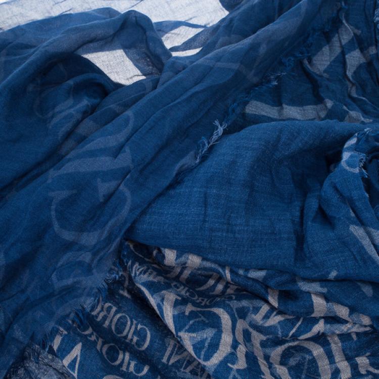 Pre Owned Giorgio Armani Blue Unisex Modal Blend Logo Square Scarf
