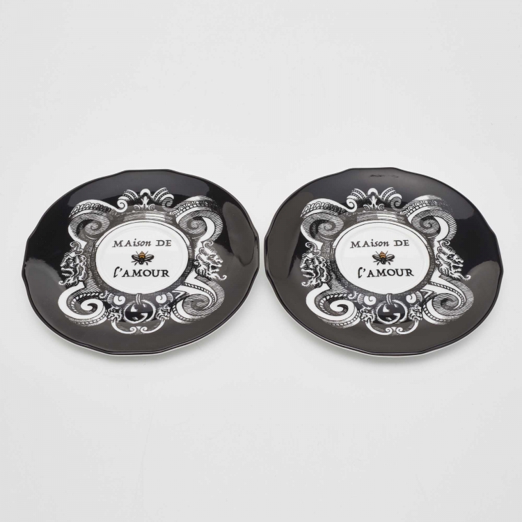 Pre Owned Gucci Black Maison De L'Amour Printed Porcelain Cup & Saucer Set of 2