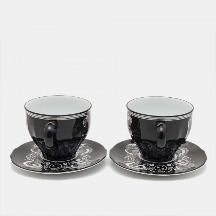 Pre Owned Gucci Black Maison De L'Amour Printed Porcelain Cup & Saucer Set of 2