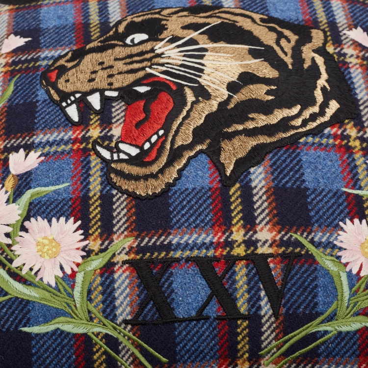 Pre Owned Gucci Blue Tiger Embroidered Tartan Wool Blend Cushion