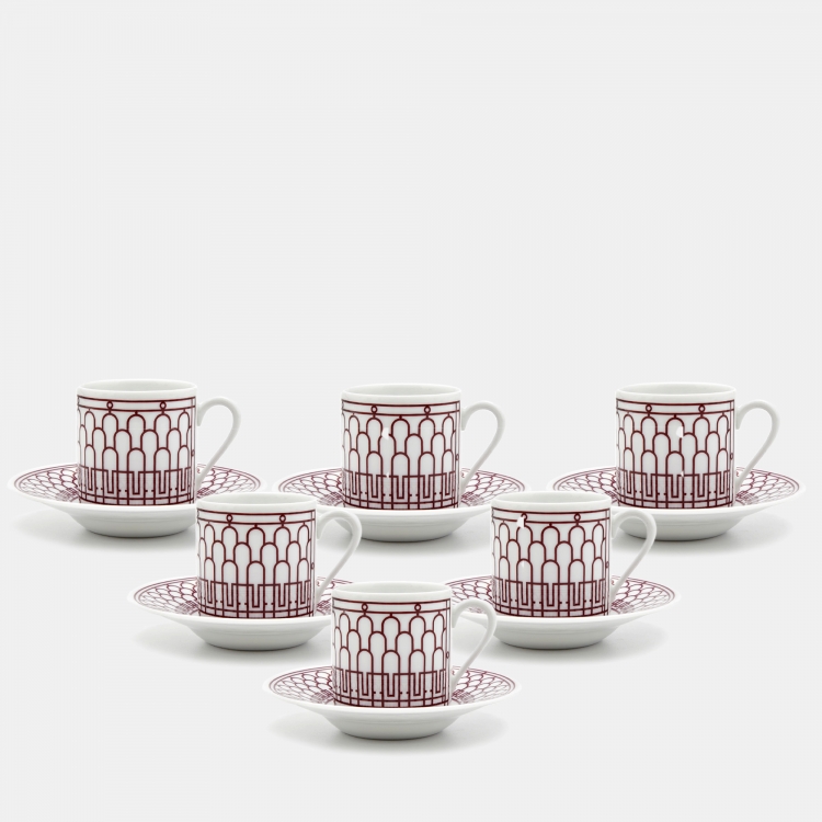 Pre Owned Hermes Rouge H Deco 6 Sets of  Coffee Cup And Saucer
