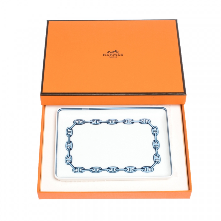 Pre Owned Hermes Blue & White Porcelain Chain d'Ancre Tray