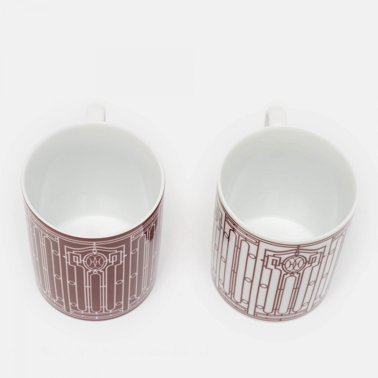 Pre Owned Hermès Rouge Porcelain H Deco Mugs Set of 2 