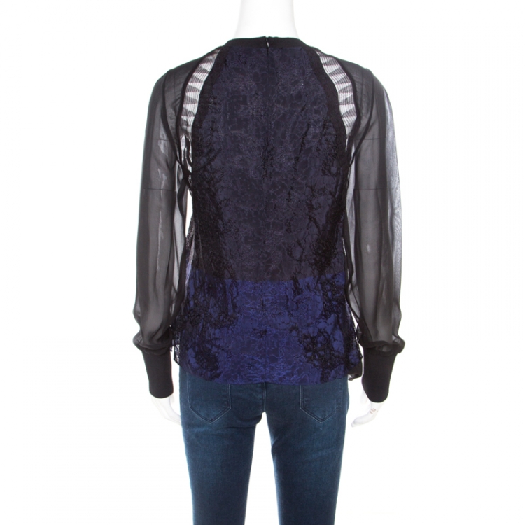 Pre Owned 3.1 Phillip Lim Black and Navy Blue Colorblock Lace and Chiffon Long Sleeve Top M