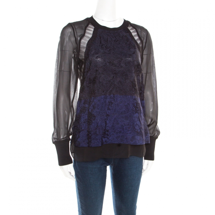 Pre Owned 3.1 Phillip Lim Black and Navy Blue Colorblock Lace and Chiffon Long Sleeve Top M