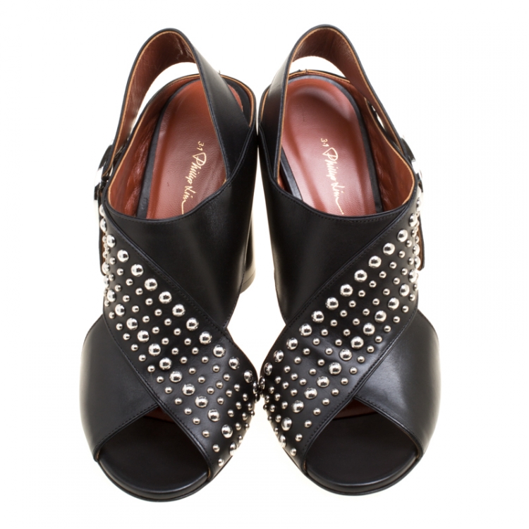 Pre Owned 3.1 Phillip Lim Black Leather Patsy Stud Detail Cross Strap Block Heel Sandals Size 41