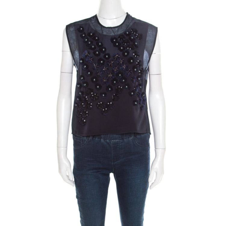 Pre Owned 3.1 Phillip Lim Navy Blue Dandelion Silk Applique Detail Sleeveless Crop Top XS