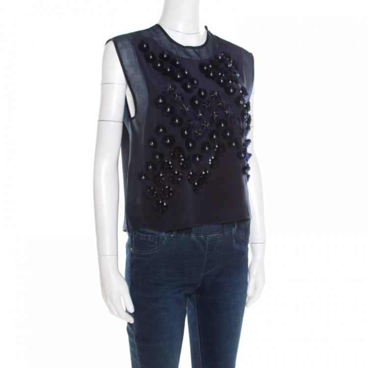 Pre Owned 3.1 Phillip Lim Navy Blue Dandelion Silk Applique Detail Sleeveless Crop Top XS