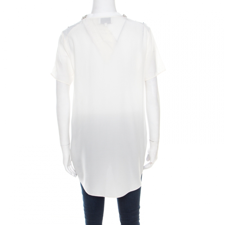 Pre Owned 3.1 Phillip Lim Cream Cotton and Silk Crystal Embellished High Low Top S