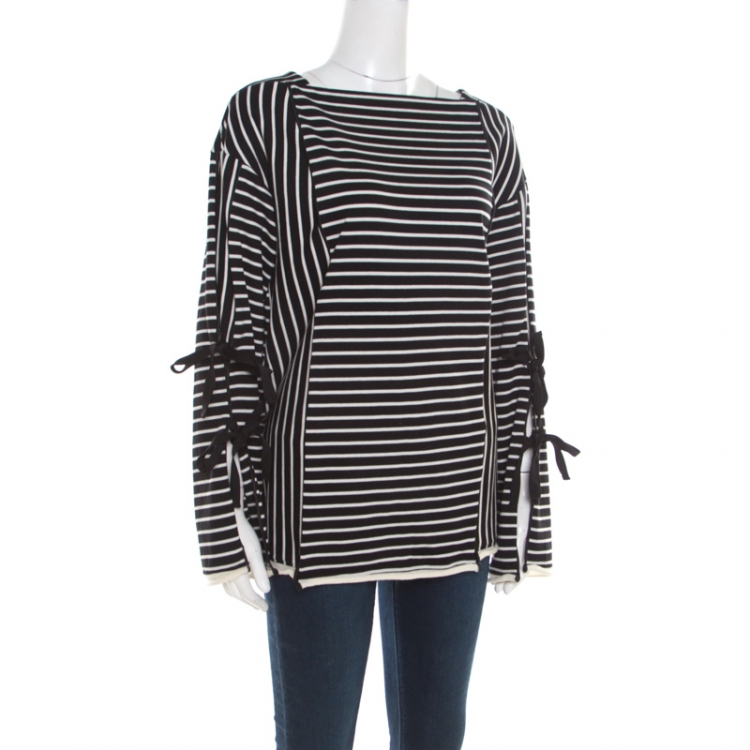 Pre Owned 3.1 Phillip Lim Monochrome Striped Cutout Sleeve Tie Detail Top M