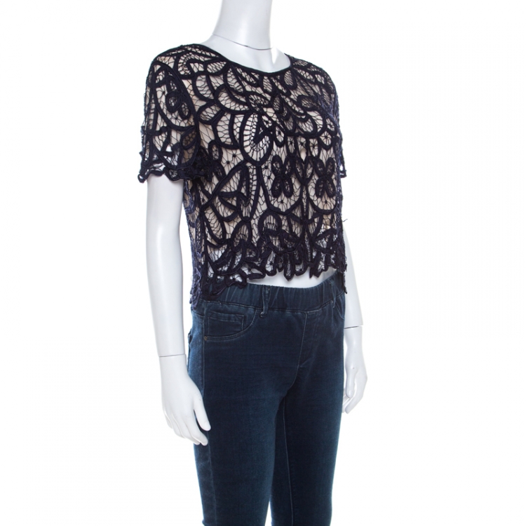 Pre Owned 3.1 Phillip Lim Ultramarine Blue Hairpin Lace Overlay Crop Top M