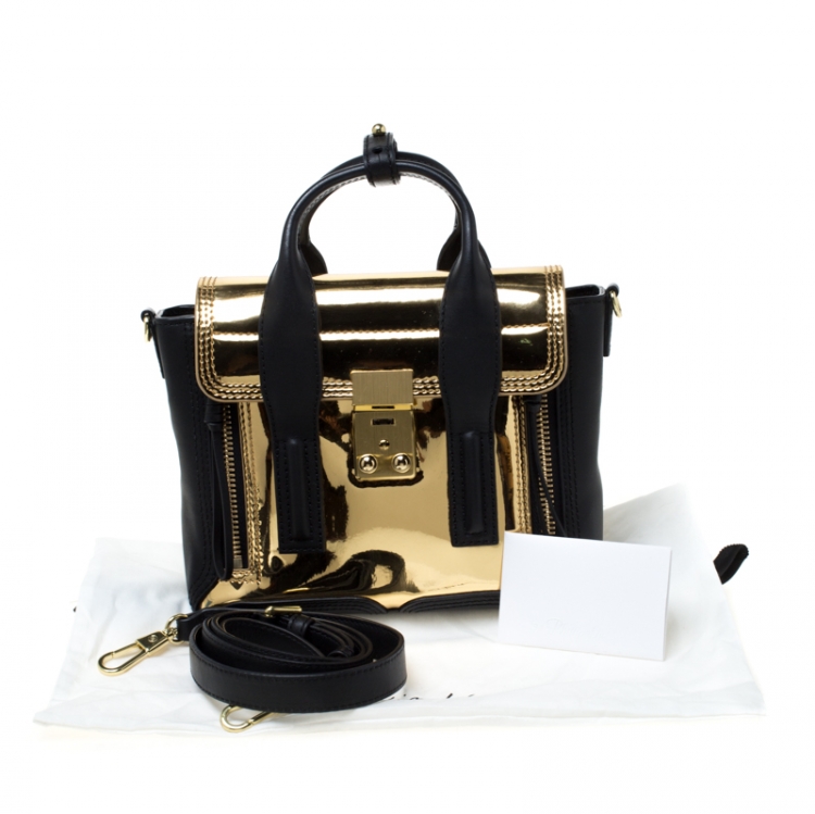 Pre Owned 3.1 Phillip Lim Metallic Gold/Black Leather Mini Pashli Top Handle Bag