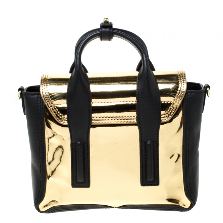 Pre Owned 3.1 Phillip Lim Metallic Gold/Black Leather Mini Pashli Top Handle Bag