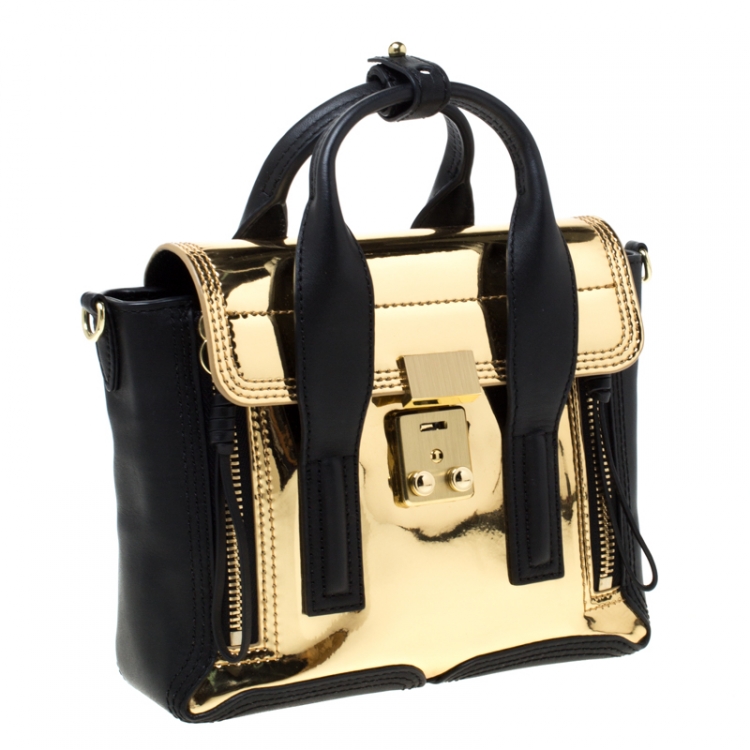 Pre Owned 3.1 Phillip Lim Metallic Gold/Black Leather Mini Pashli Top Handle Bag