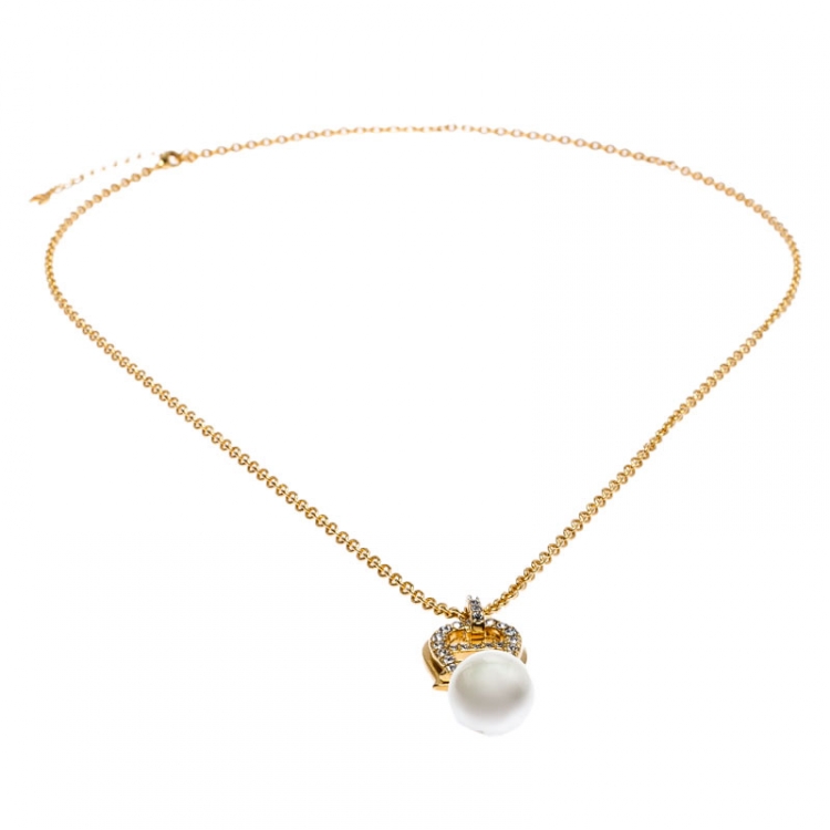مملوكة مسبقًا Aigner Crystal Faux Pearl Gold Plated Long Pendant Necklace