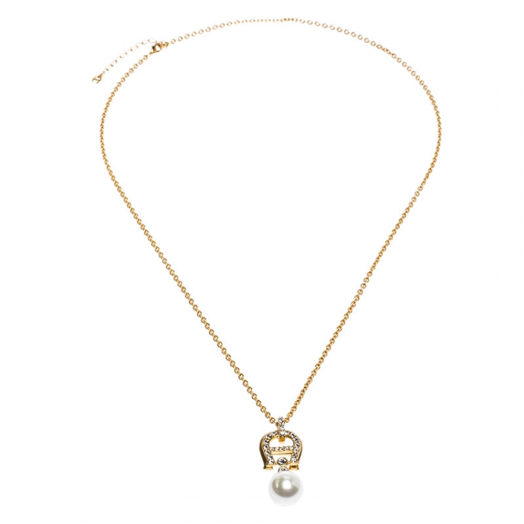 Aigner Crystal Faux Pearl Gold Plated Long Pendant Necklace Aigner