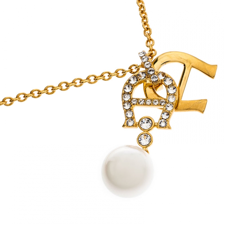 مملوكة مسبقًا Aigner Crystal Faux Pearl Gold Plated Long Pendant Necklace
