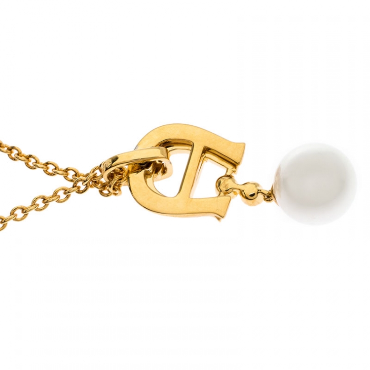 مملوكة مسبقًا Aigner Crystal Faux Pearl Gold Plated Long Pendant Necklace