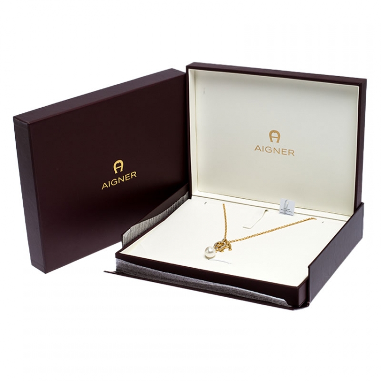 مملوكة مسبقًا Aigner Crystal Faux Pearl Gold Plated Long Pendant Necklace
