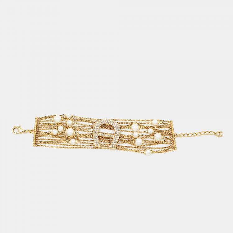 Pre Owned Aigner Capri Faux Pearl Crystal Gold Tone Bracelet